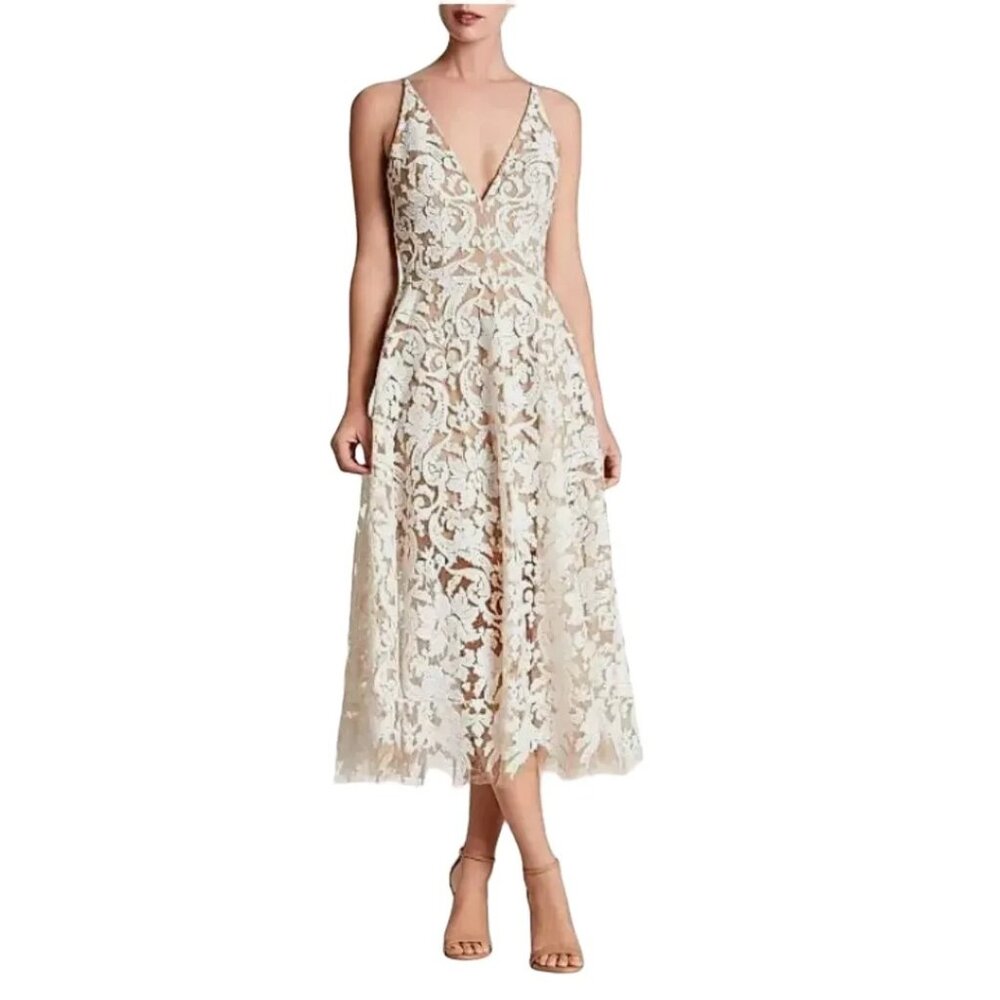 Dress The Population White Lace Illusion Fit Flare Dress XL NWOT